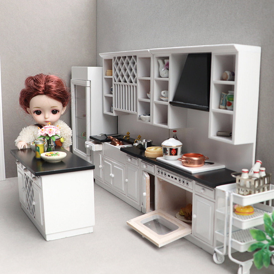 1/12 Scale Mini Kitchen Furniture Set for Miniature Kitchen Scene Models Dollhouse Accessories DIY Christmas Gift Assembly