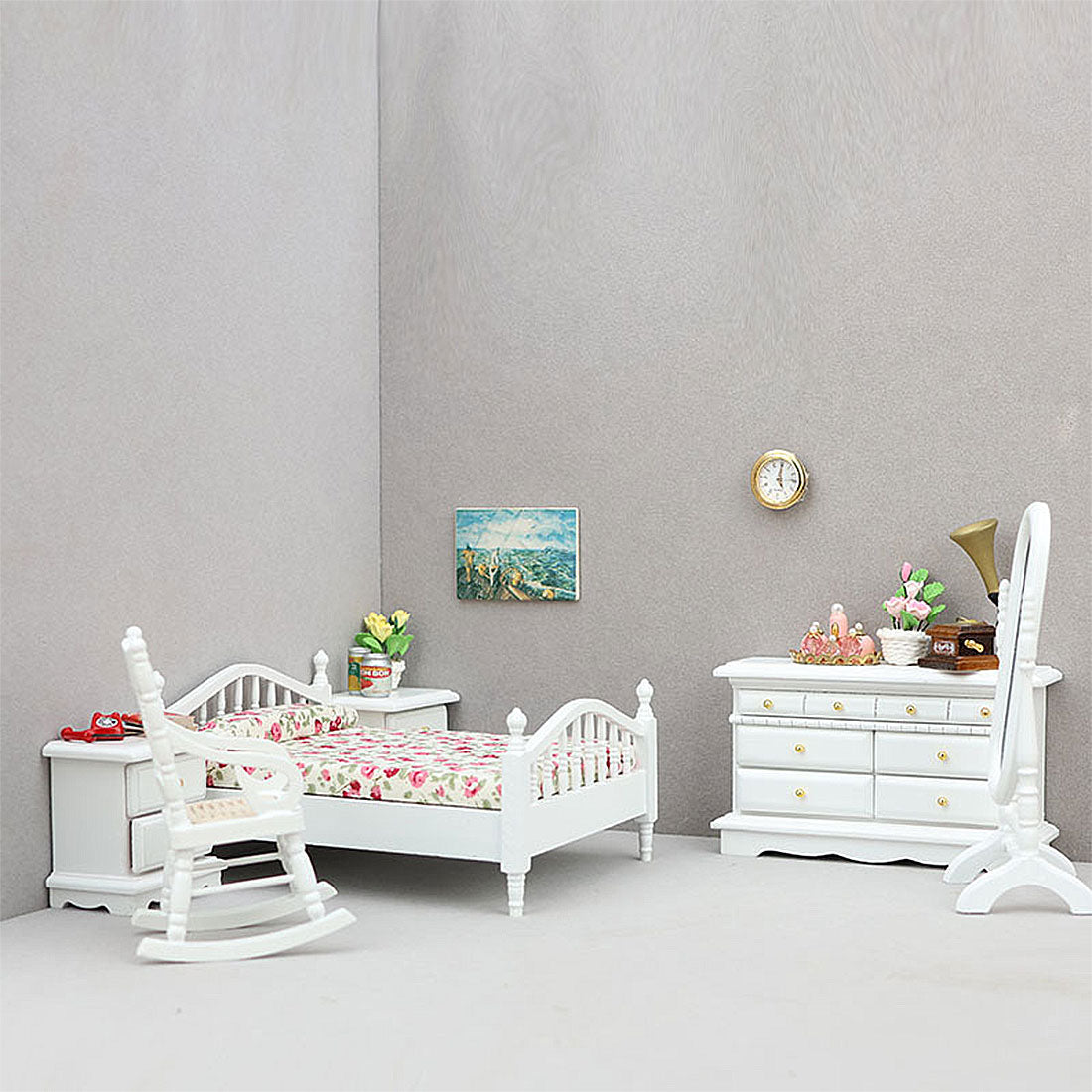 1/12 Scale Mini Bedroom Furniture Set for Miniature Scene Models Dollhouse Accessories DIY Christmas Gift Assembly