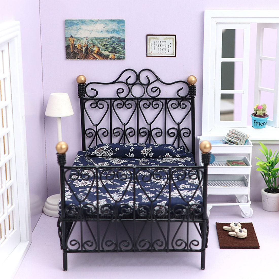 1/12 Scale Mini Princess Iron Bed for Miniature Scene Models Dollhouse Accessories DIY Christmas Gift Assembly